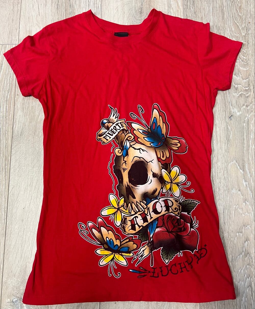 Lucky 13 Muerte Amor Skull Rose Graphic T Shirt Women’s L Rockabilly Vintage